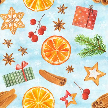 Noel kurabiyeleri, turuncu, kırmızı meyveler, Noel ağacı ve kutusu, yıldız anason ve tarçın mavisi arka planlı suluboya desenleri..