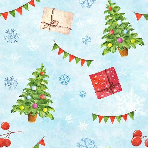 Watercolor Seamless Pattern Christmas Elements Blue Snowy Background — Stock Photo, Image