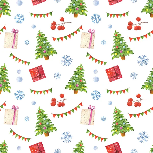 Watercolor Seamless Pattern Christmas Elements Isolated White Background — Stock Photo, Image