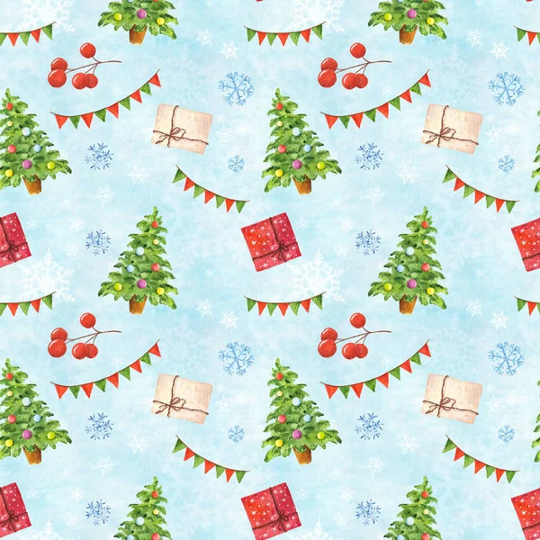 Watercolor Seamless Pattern Christmas Elements Blue Snowy Background — Stock Photo, Image