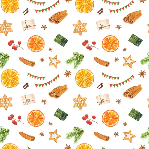 クリスマスジンジャーブレッドクッキー オレンジ 赤いベリー クリスマスツリーとボックス 白い背景に隔離されたスターアニスとシナモンと水彩シームレスパターン — ストック写真