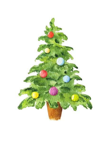 Árvore Natal Aquarela Com Bolas Isoladas Fundo Branco Ilustração Aquarela — Fotografia de Stock
