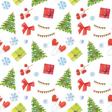 Beyaz arka planda izole edilmiş Noel elementleriyle suluboya deseni.