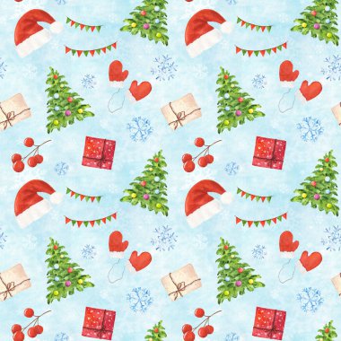 Mavi karlı arka planda Noel elementleriyle sulu boya deseni.