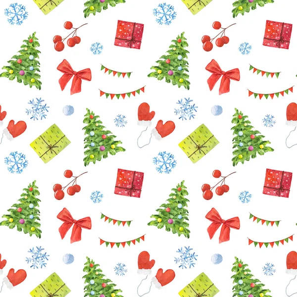 Aquarel Naadloos Patroon Met Kerst Elementen Geïsoleerd Witte Achtergrond — Stockfoto