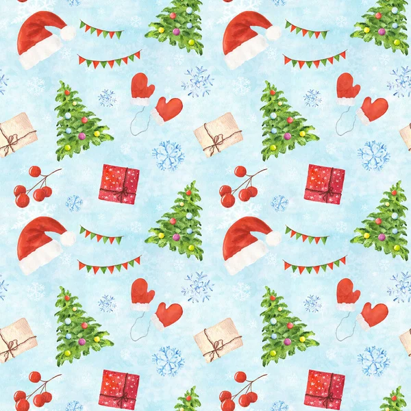 Watercolor Seamless Pattern Christmas Elements Blue Snowy Background — Stock Photo, Image