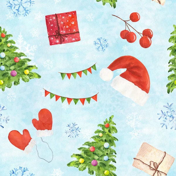 Watercolor Seamless Pattern Christmas Elements Blue Snowy Background — Stock Photo, Image