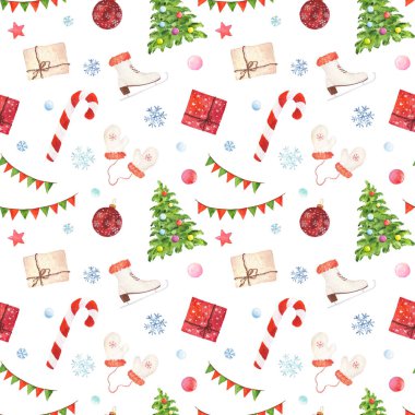 Beyaz arka planda izole edilmiş Noel elementleriyle suluboya deseni. El çizimi suluboya çizimi.