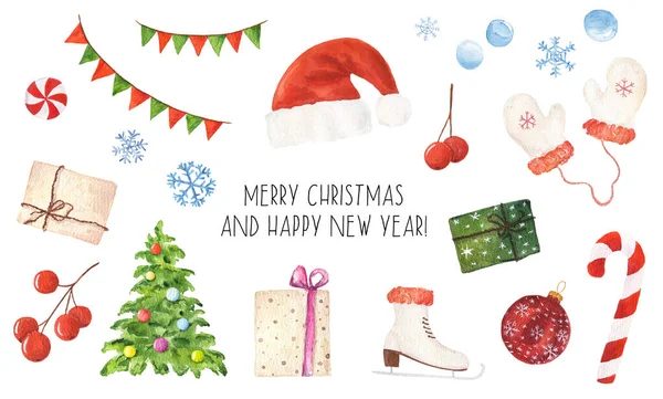 Uppsättning Akvarell Jul Element Isolerade Vit Bakgrund Handritad Akvarell Illustration — Stockfoto