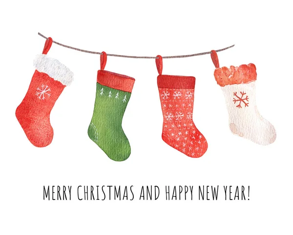 Watercolor Christmas colourful socks for presents isolated on white background. Hand drawn watercolor illustration.