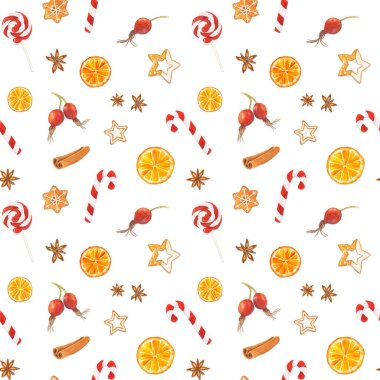 Noel kurabiyesi, şeker, portakal, gül kalçası, yıldız anason ve tarçın ile beyaz arka planda izole edilmiş suluboya desenleri.