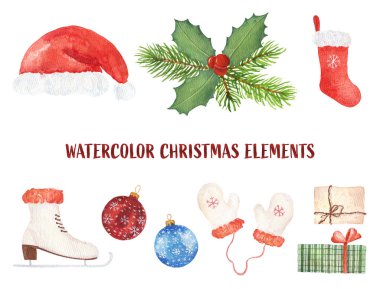 Beyaz arka planda izole edilmiş suluboya Noel elementleri. El çizimi illüstrasyon