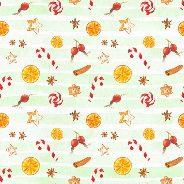 クリスマスジンジャーブレッドクッキー キャンディー オレンジ ローズヒップ スターアニーズとシナモンと水彩シームレスパターン緑の縞模様の背景 — ストック写真