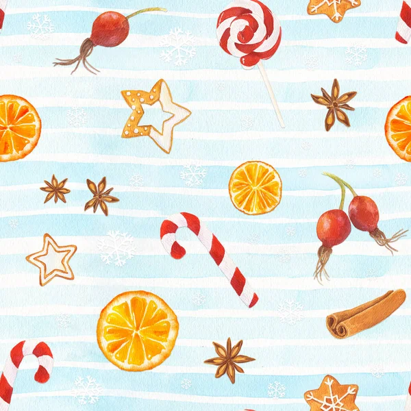 クリスマスジンジャーブレッドクッキー キャンディー オレンジ ローズヒップ スターアニーズとシナモンと水彩シームレスパターン青い縞模様雪の背景 — ストック写真