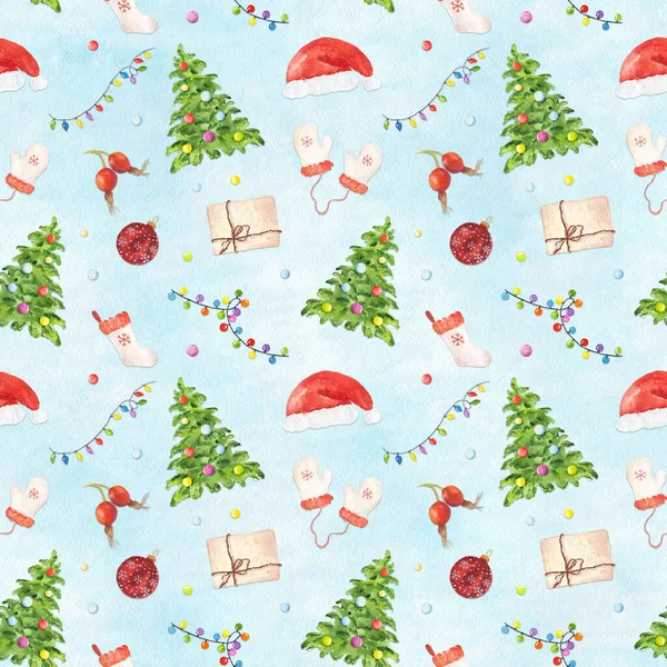 Watercolor Seamless Pattern Christmas Elements Blue Snowy Background Hand Drawn — Stock Photo, Image