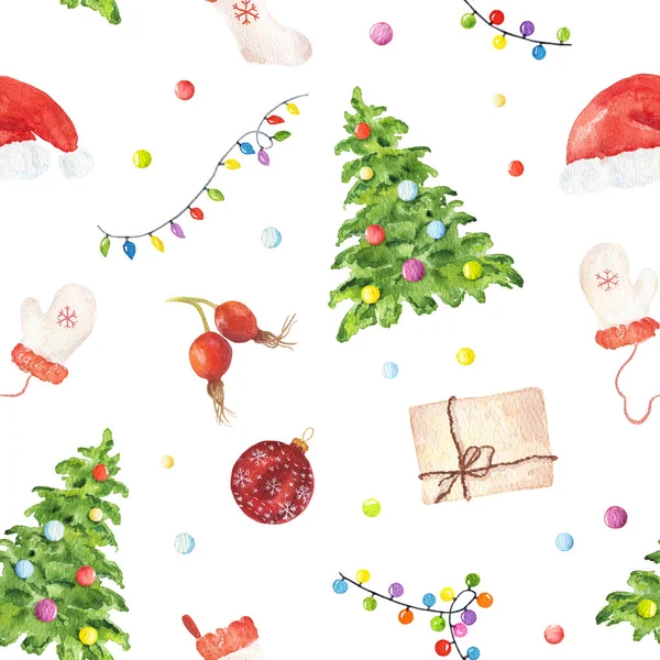 Watercolor Seamless Pattern Christmas Elements Isolated White Background Hand Drawn — Stock Photo, Image