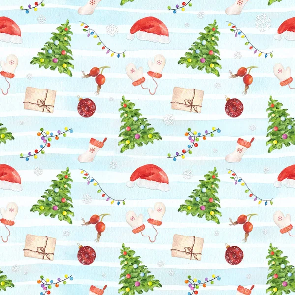 Watercolor Seamless Pattern Christmas Elements Blue Snowy Striped Background Hand — Stock Photo, Image