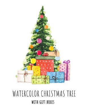 Beyaz arka planda izole edilmiş hediye kutularıyla suluboya Noel ağacı. El çizimi illüstrasyon.
