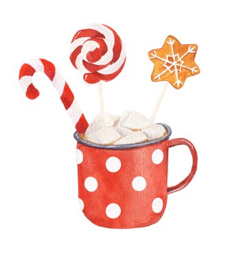 Beyaz arka planda izole edilmiş, şekerli sıcak çikolata, lolipop ve zencefilli kurabiye. Suluboya el çizimi çizimi.