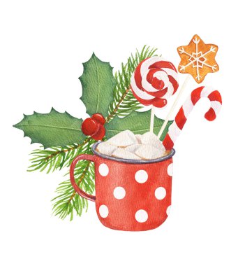 Beyaz arka planda izole edilmiş, şekerli sıcak çikolata, lolipop ve zencefilli kurabiye. Suluboya el çizimi çizimi.