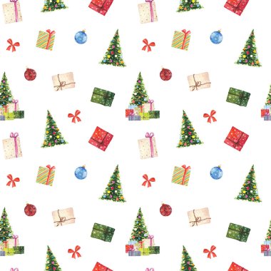 Suluboya noel desenleri, noel ağacı, hediye kutuları ve beyaz arka planda izole edilmiş diğer unsurlar. Suluboya el çizimi çizimi.