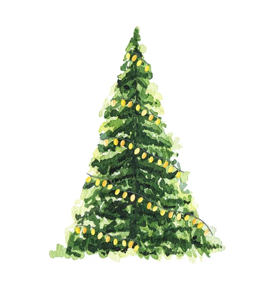 Acuarela Árbol Navidad Con Guirnalda Aislada Sobre Fondo Blanco Ilustración —  Fotos de Stock