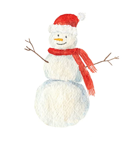 Акварель Снеговик Красной Шляпе Санта Изолированы Белом Фоне Ручная Рисованная — стоковое фото