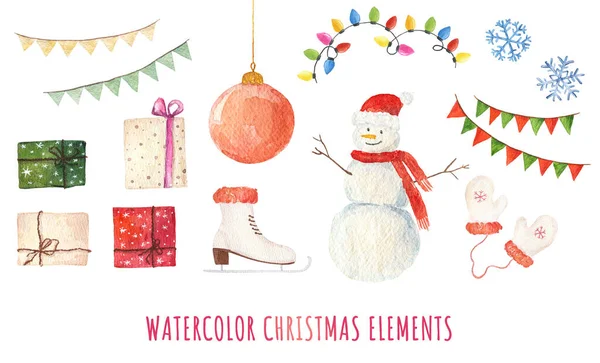 Set Watercolor Christmas Elements Isolated White Background Hand Drawn Illustration — Stock Photo, Image