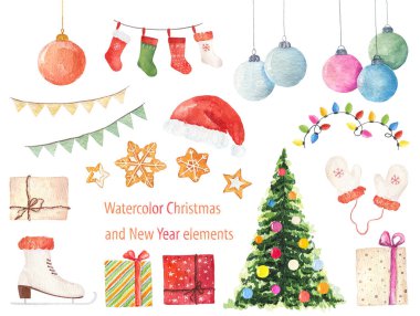 Beyaz arka planda izole edilmiş suluboya Noel elementleri. El çizimi illüstrasyon.