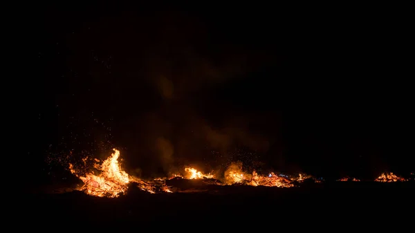 野火夜间在草地和木头上燃烧 危险的地方着火了 — 图库照片