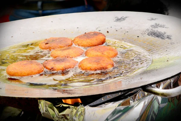 Fritura Aloo Batata Com Óleo Quente Baia Rua Este Aloo — Fotografia de Stock