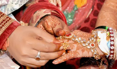 Indian groom putting ring on indian bride clipart
