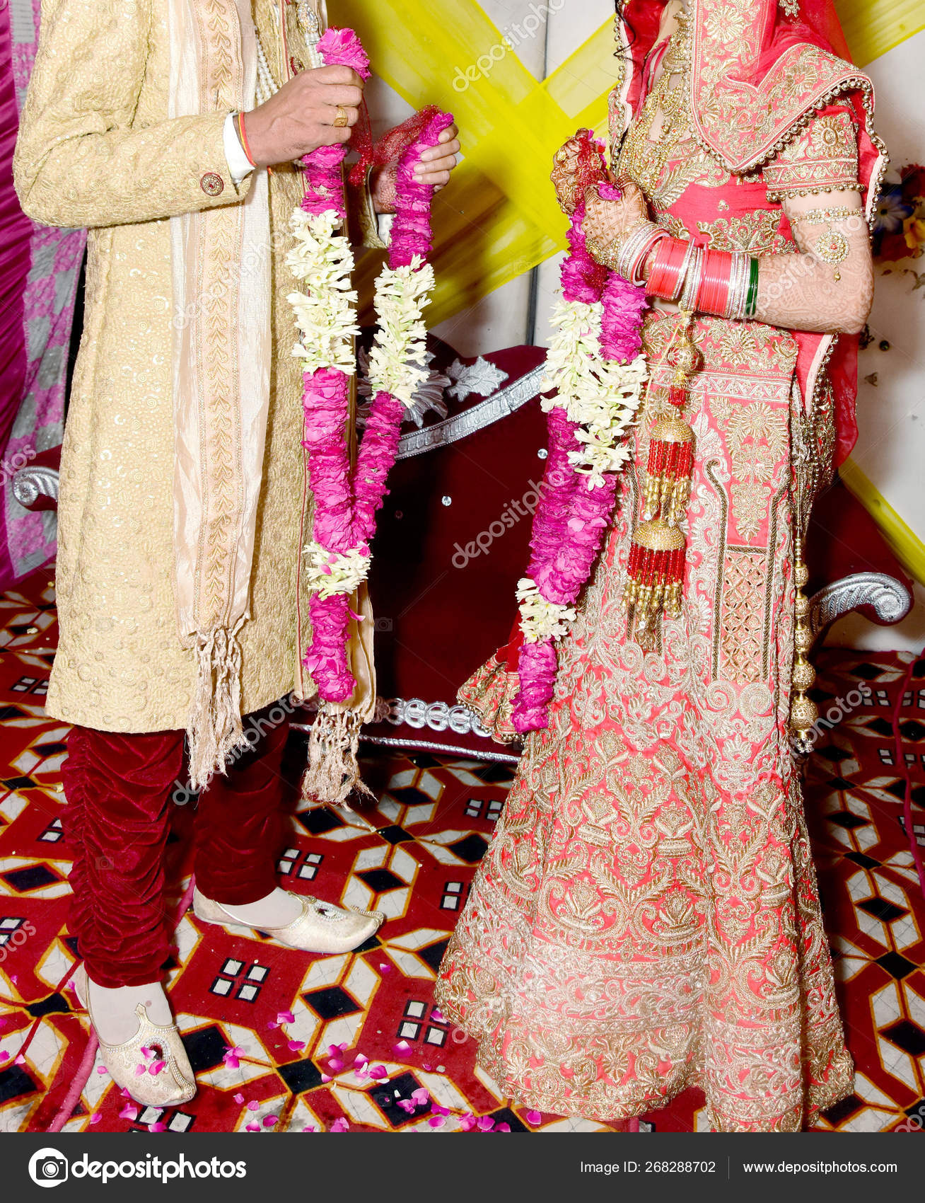 The Bride And Groom At The Indian Wedding Garlands Or Jaimala