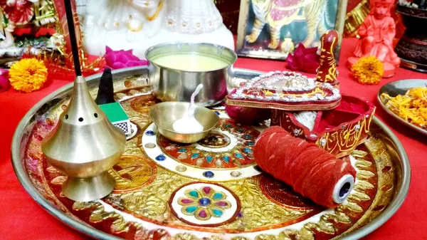 Puja Pooja Thali Worshipping God Hindu Religion — Stock Photo, Image