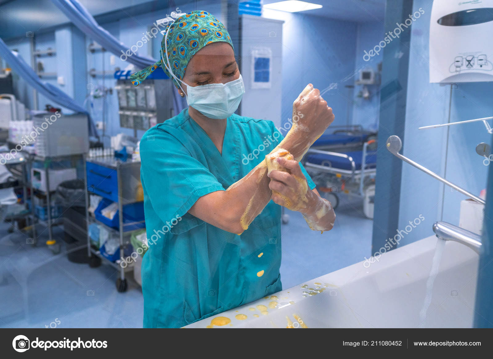 Surgeon Performs Surgical Hand Washing Making Yellow Foam Come Out