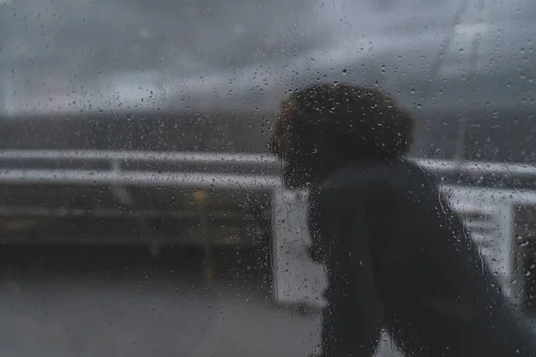 Long Haired Man Walking Upwind Seen Boat Windstorm Rainy Day — Stock Photo, Image