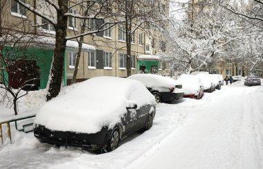 Kar yağışı, kar tabakası altında arabalara. Kış kentsel sahne.