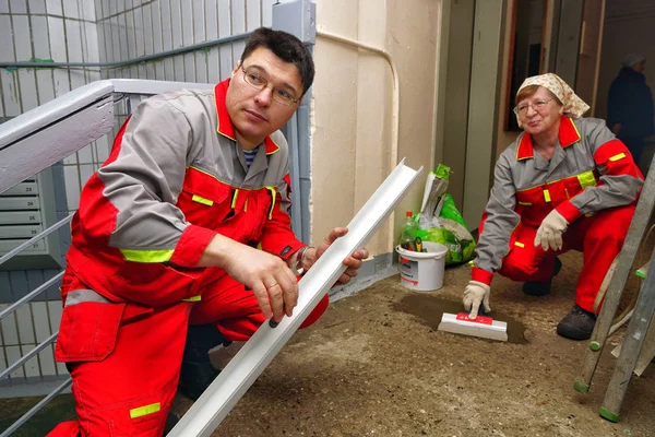 Moscow Russia February 2018 Workers Produce Interior Repairs Public Premises — Stock Photo, Image