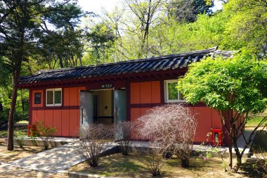 Seoul, South Korea - April 2018: Public toilet in Jongmyo Shrine.