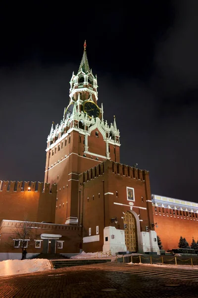 Moskwa Rosja Stycznia 2016 Spasskaya Wieża Mur Kremla Placu Czerwonym — Zdjęcie stockowe