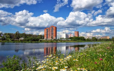 Nehir, arkasında konut bina yansıyan su, mavi gökyüzü, beyaz bulutlar, kır çiçekleri yeşil çimenlerin üzerinde.