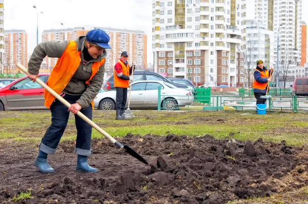 Москва Сентябрь 2016 Женщина Оранжевом Жилете Лопатой Выкапывает Землю Общественная — стоковое фото