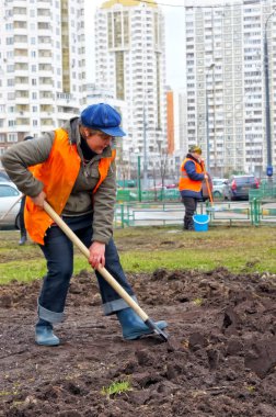 Moskova - Eylül, 2016: Turuncu yelek bir kürek ile bir kadın yere kadar hoşlanıyor. Şehir sokaklarında genel temizlik.