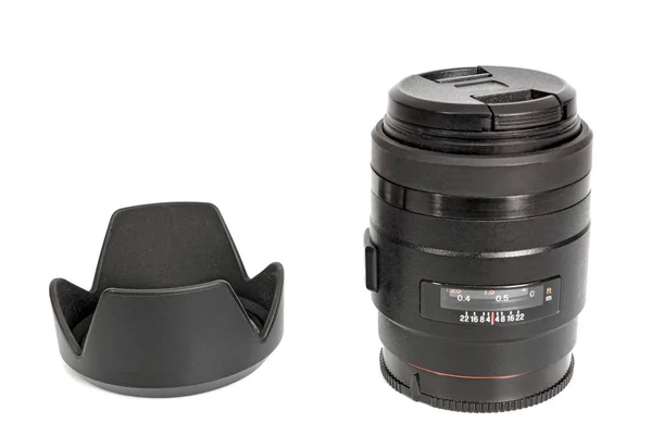 Black photo lens and lens hood — Stock Photo, Image