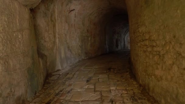 Movement Cave Stone Corridor End Tunnel Silhouette Woman Exit Lit — Stock Video