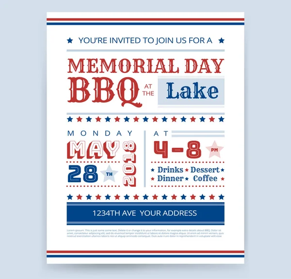 Memorial Day Barbecue Bbq Uitnodiging Ontwerp Sjabloon Vector Barbecue Partij — Stockvector