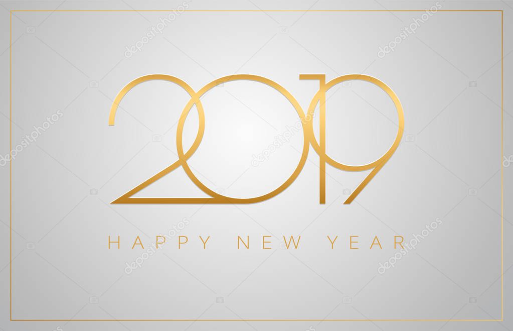 2019 Happy New Year greeting card - golden numbers on a silver background - vector 2019 New Year celebration background