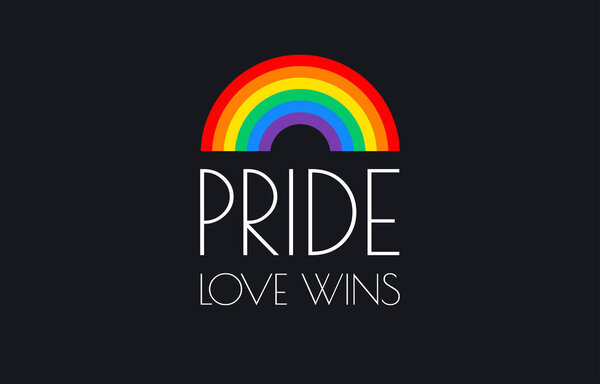 Pride love wins text and rainbow flag isolated on black background - vector illustration