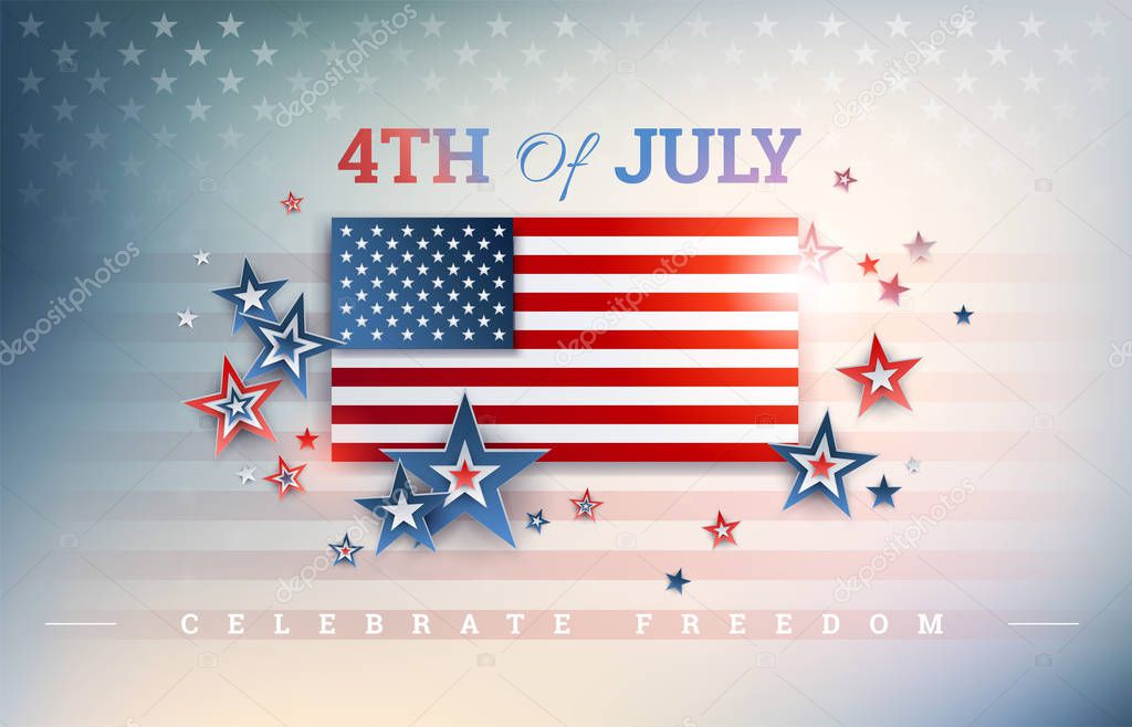 4th of July USA Independence Day background with USA flag, Celebrate Freedom text, stars on shiny abstract background inspired by the United States flag. Impressive American design! Vector