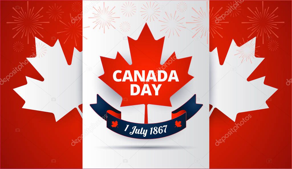 Canada Day red background with Canada maple leaf, Canadian flag, holiday ribbon vector illustration